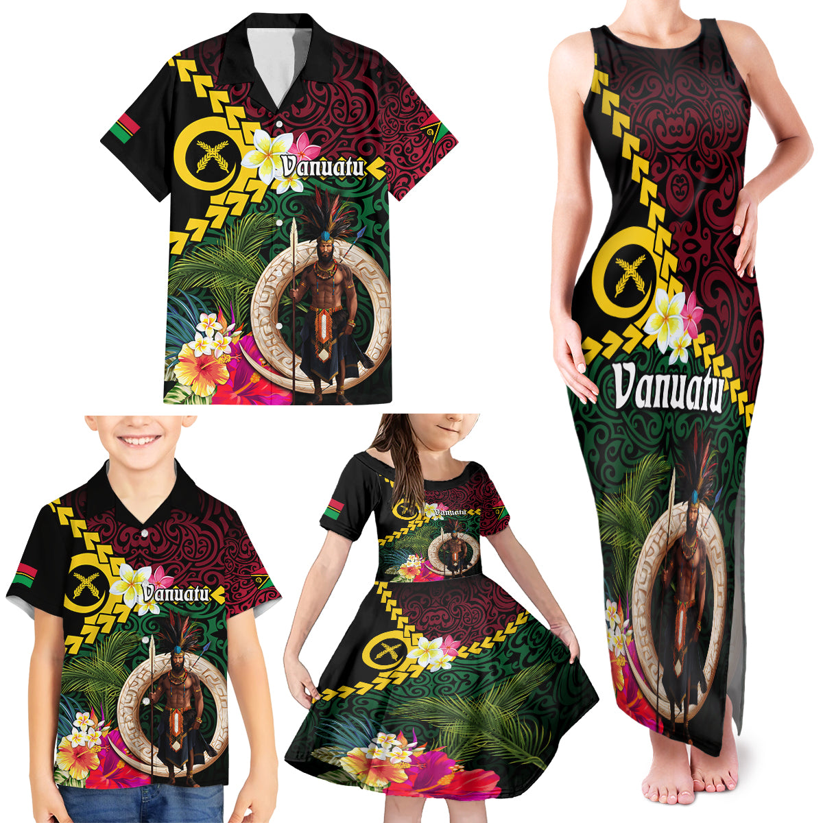 Vanuatu Indipendens Dei Family Matching Tank Maxi Dress and Hawaiian Shirt Boars Tusk and Melanesian Warrior Hibiscus LT03 - Polynesian Pride