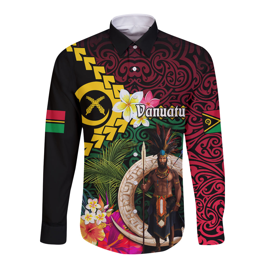 Vanuatu Indipendens Dei Long Sleeve Button Shirt Boars Tusk and Melanesian Warrior Hibiscus