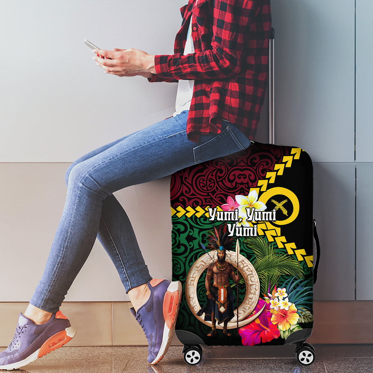 Vanuatu Indipendens Dei Luggage Cover Boars Tusk and Melanesian Warrior Hibiscus