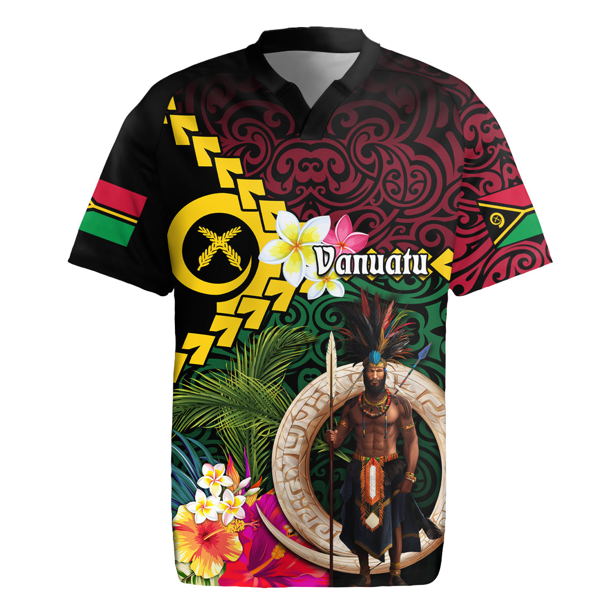 Vanuatu Indipendens Dei Rugby Jersey Boars Tusk and Melanesian Warrior Hibiscus