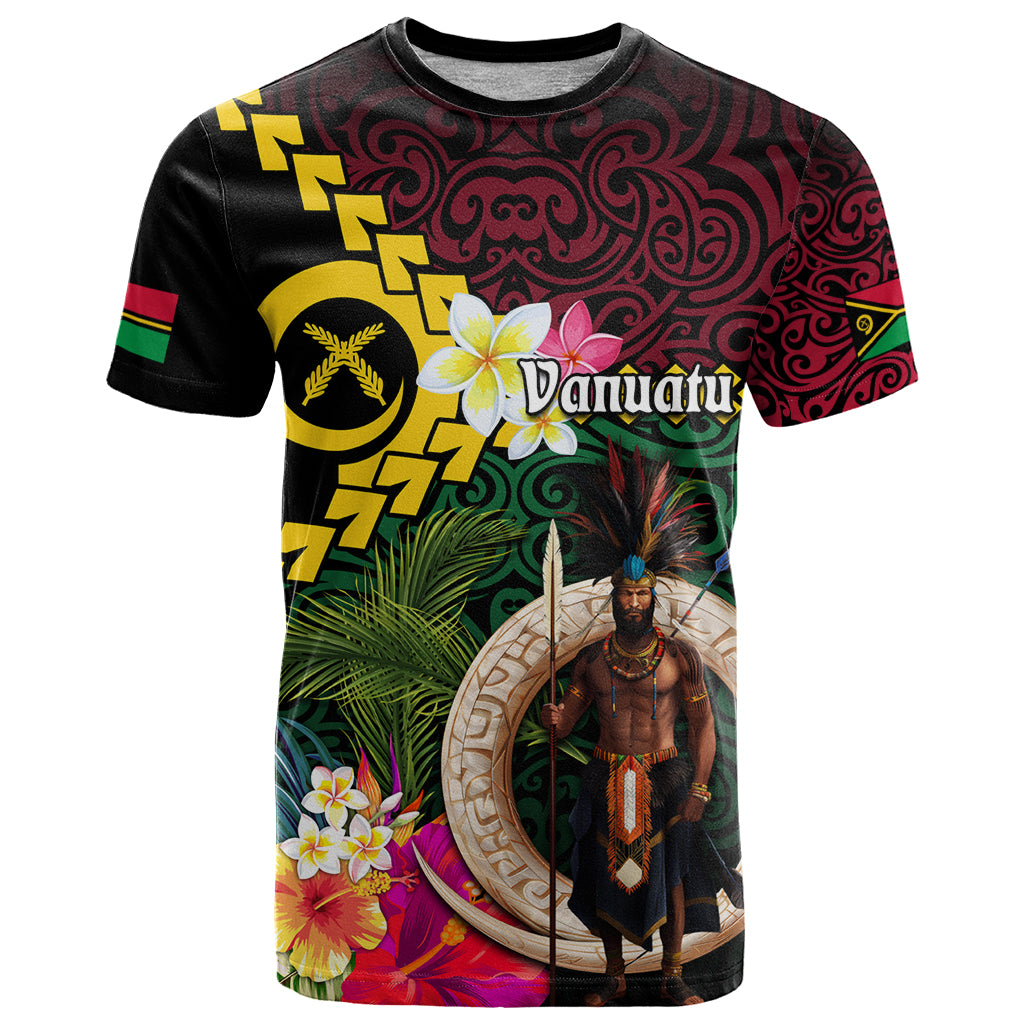Vanuatu Indipendens Dei T Shirt Boars Tusk and Melanesian Warrior Hibiscus LT03 Black - Polynesian Pride