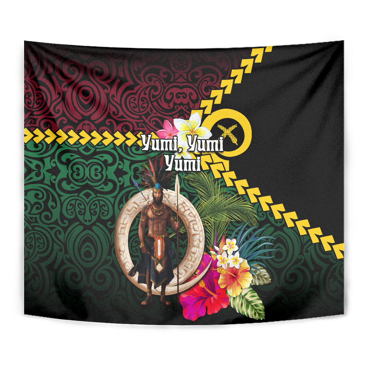 Vanuatu Indipendens Dei Tapestry Boars Tusk and Melanesian Warrior Hibiscus