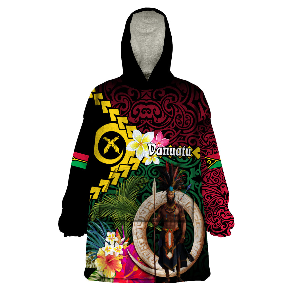Vanuatu Indipendens Dei Wearable Blanket Hoodie Boars Tusk and Melanesian Warrior Hibiscus LT03 One Size Black - Polynesian Pride