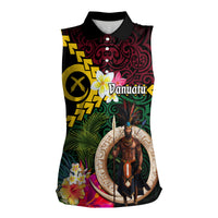 Vanuatu Indipendens Dei Women Sleeveless Polo Shirt Boars Tusk and Melanesian Warrior Hibiscus LT03 Female Black - Polynesian Pride