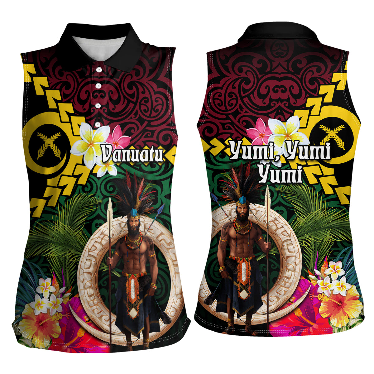 Vanuatu Indipendens Dei Women Sleeveless Polo Shirt Boars Tusk and Melanesian Warrior Hibiscus LT03 - Polynesian Pride