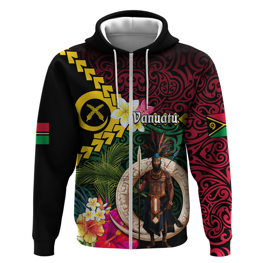 Vanuatu Indipendens Dei Zip Hoodie Boars Tusk and Melanesian Warrior Hibiscus