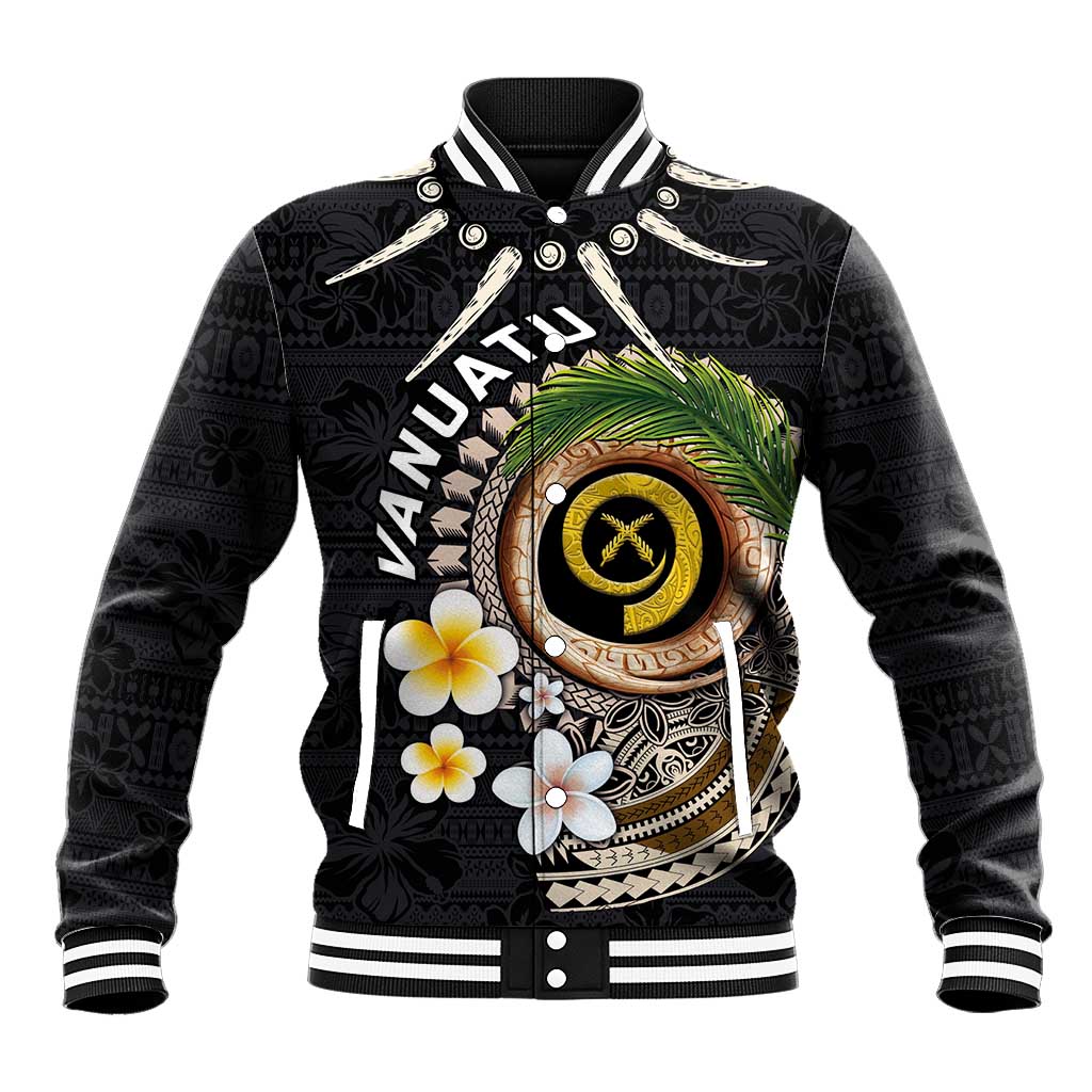Vanuatu Independence Day Baseball Jacket Melanesian Tribal Pig Tusk with Tropical Plants LT03 Unisex Black - Polynesian Pride