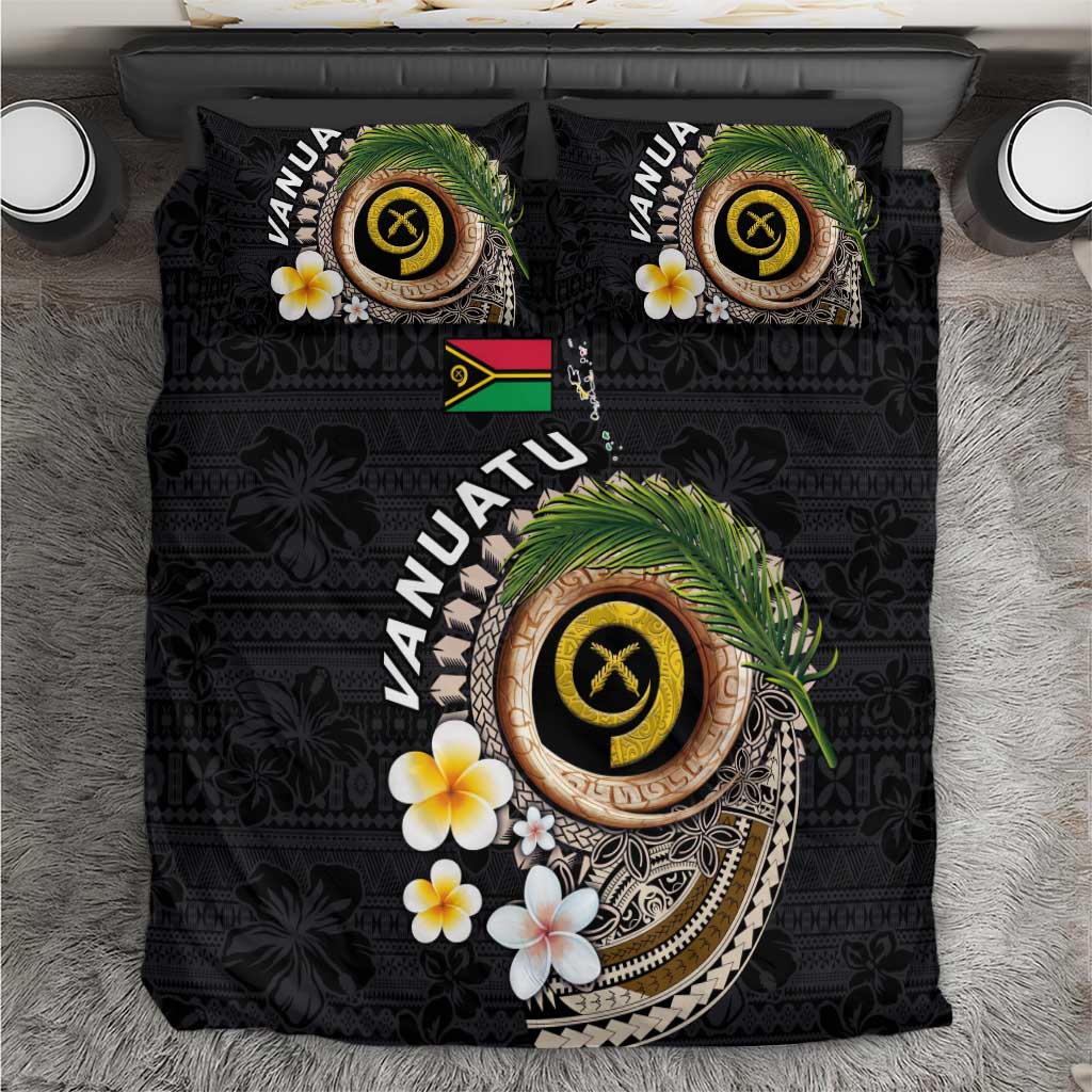 Vanuatu Independence Day Bedding Set Melanesian Tribal Pig Tusk with Tropical Plants LT03 Black - Polynesian Pride