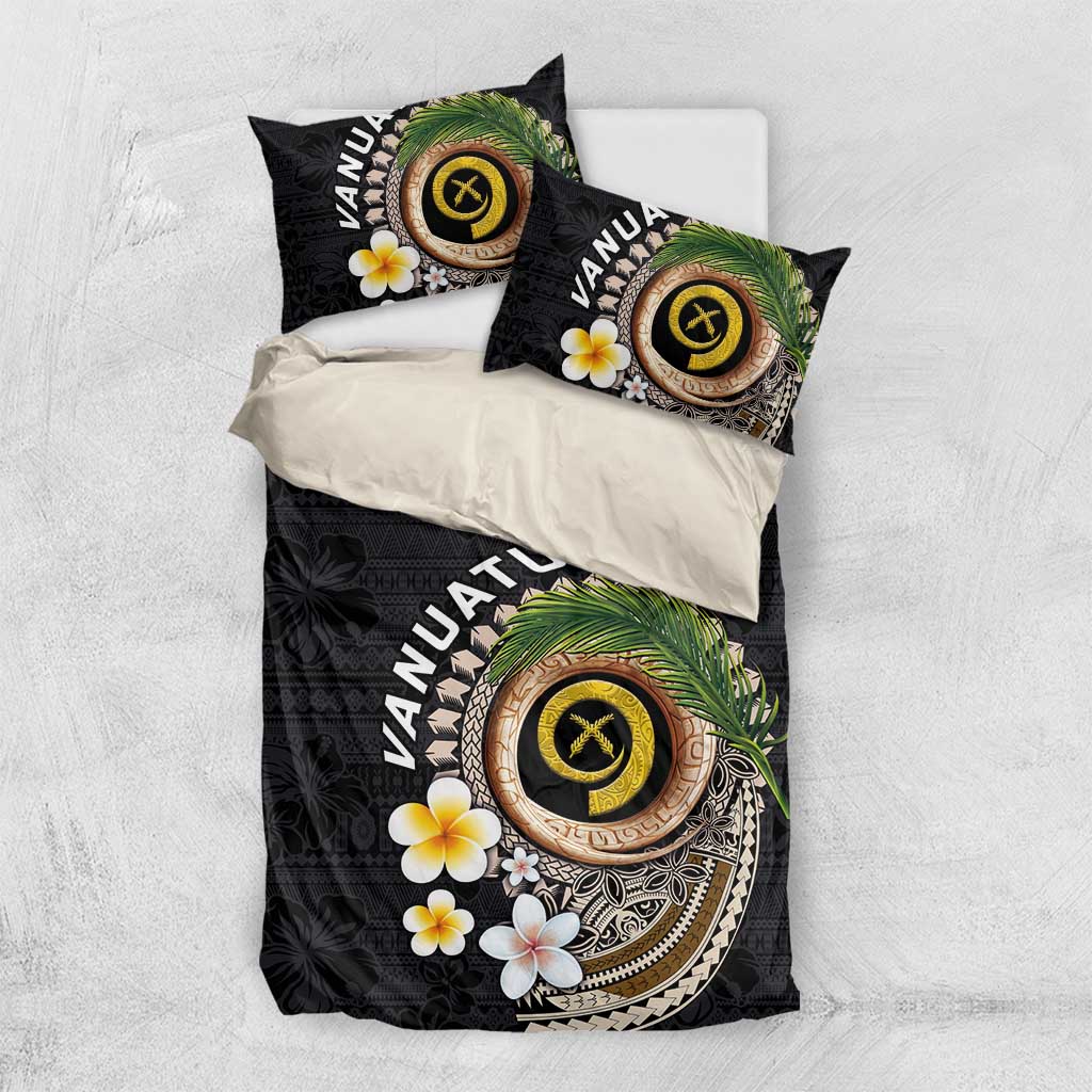 Vanuatu Independence Day Bedding Set Melanesian Tribal Pig Tusk with Tropical Plants LT03 US Twin 172cm x 218cm Black - Polynesian Pride
