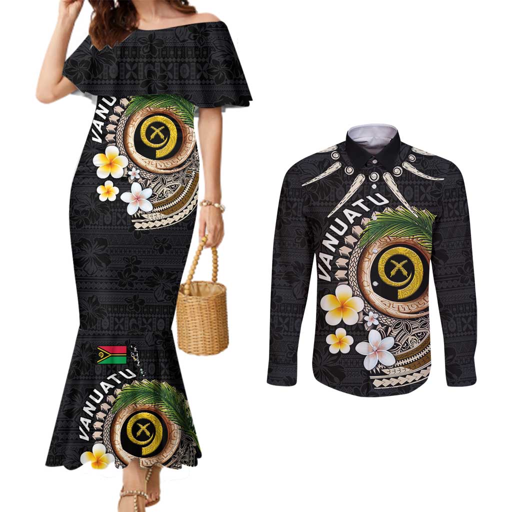 Vanuatu Independence Day Couples Matching Mermaid Dress and Long Sleeve Button Shirt Melanesian Tribal Pig Tusk with Tropical Plants