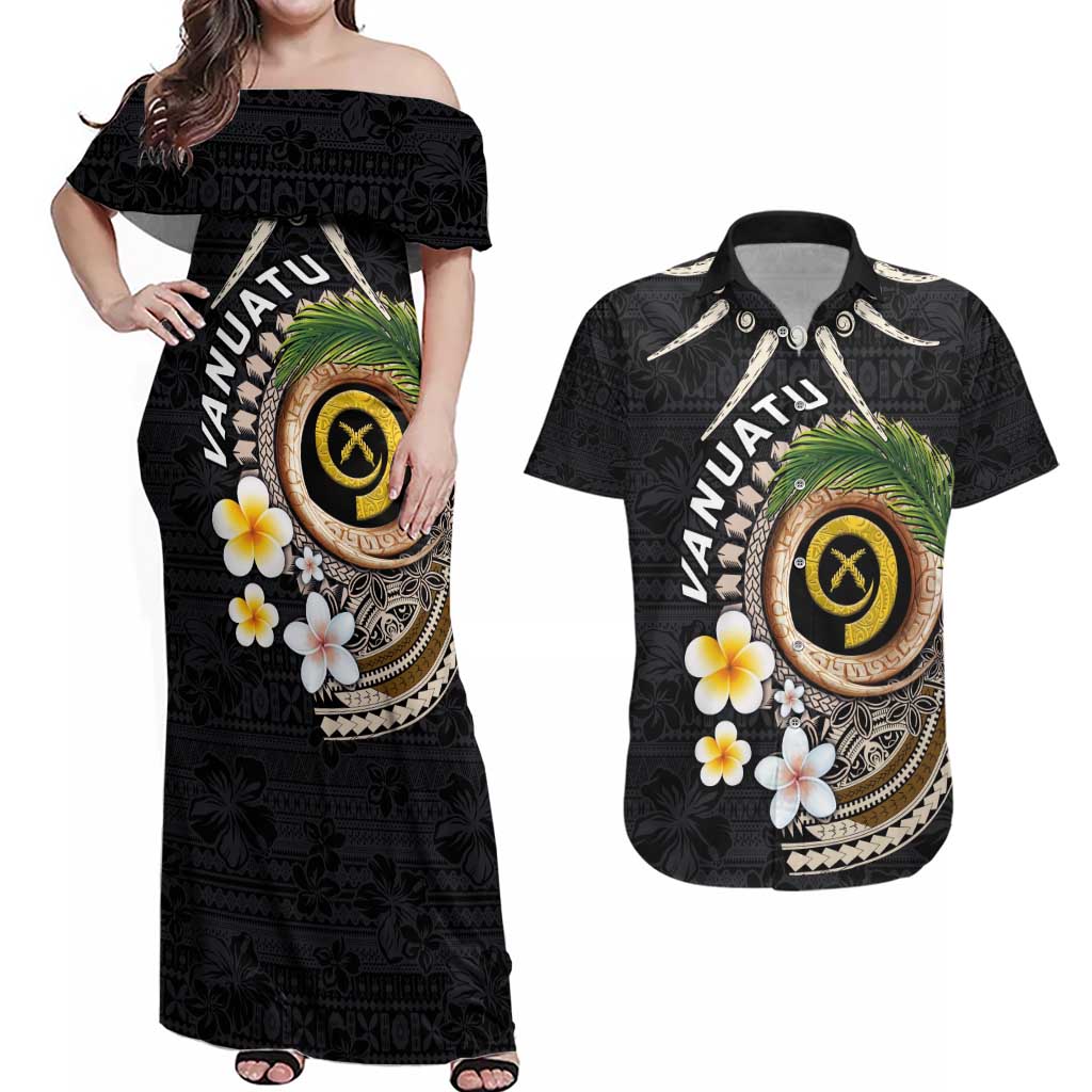 Vanuatu Independence Day Couples Matching Off Shoulder Maxi Dress and Hawaiian Shirt Melanesian Tribal Pig Tusk with Tropical Plants