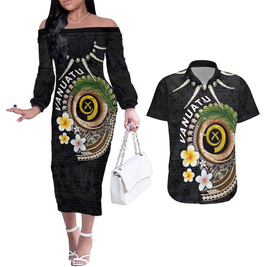 Vanuatu Independence Day Couples Matching Off The Shoulder Long Sleeve Dress and Hawaiian Shirt Melanesian Tribal Pig Tusk with Tropical Plants