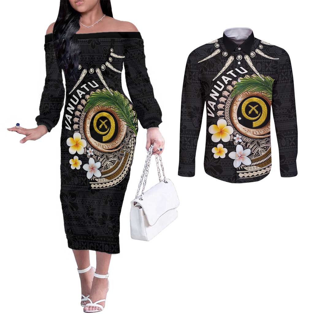 Vanuatu Independence Day Couples Matching Off The Shoulder Long Sleeve Dress and Long Sleeve Button Shirt Melanesian Tribal Pig Tusk with Tropical Plants