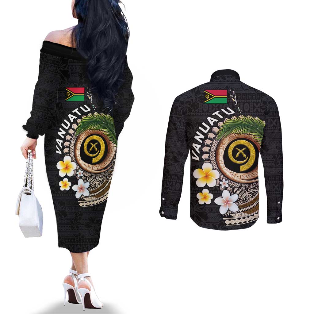 Vanuatu Independence Day Couples Matching Off The Shoulder Long Sleeve Dress and Long Sleeve Button Shirt Melanesian Tribal Pig Tusk with Tropical Plants