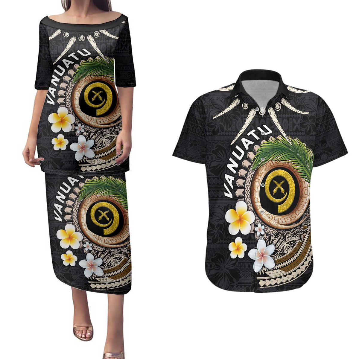 Vanuatu Independence Day Couples Matching Puletasi and Hawaiian Shirt Melanesian Tribal Pig Tusk with Tropical Plants