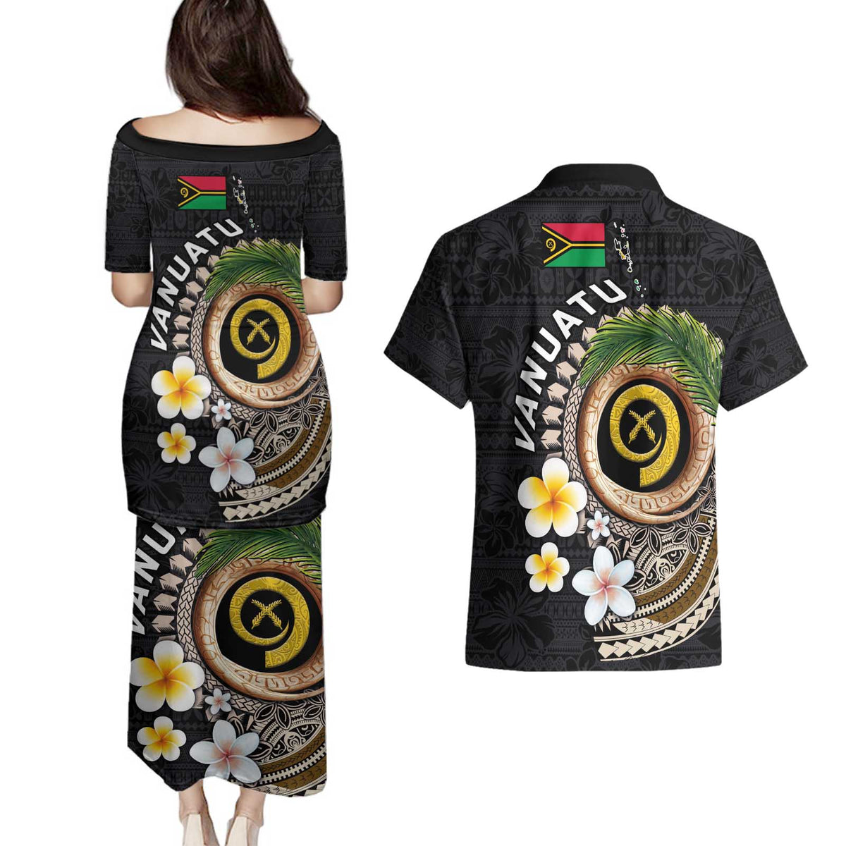 Vanuatu Independence Day Couples Matching Puletasi and Hawaiian Shirt Melanesian Tribal Pig Tusk with Tropical Plants