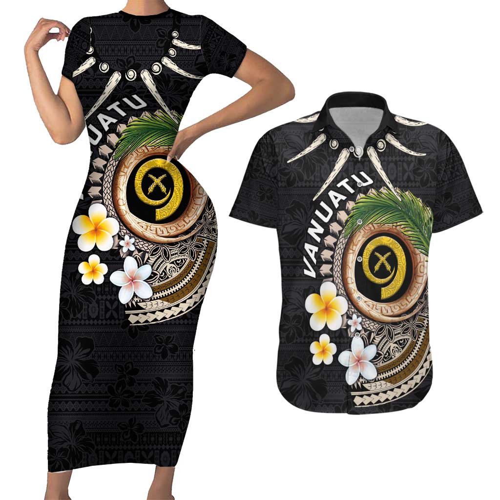 Vanuatu Independence Day Couples Matching Short Sleeve Bodycon Dress and Hawaiian Shirt Melanesian Tribal Pig Tusk with Tropical Plants