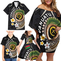 Vanuatu Independence Day Family Matching Off Shoulder Short Dress and Hawaiian Shirt Melanesian Tribal Pig Tusk with Tropical Plants