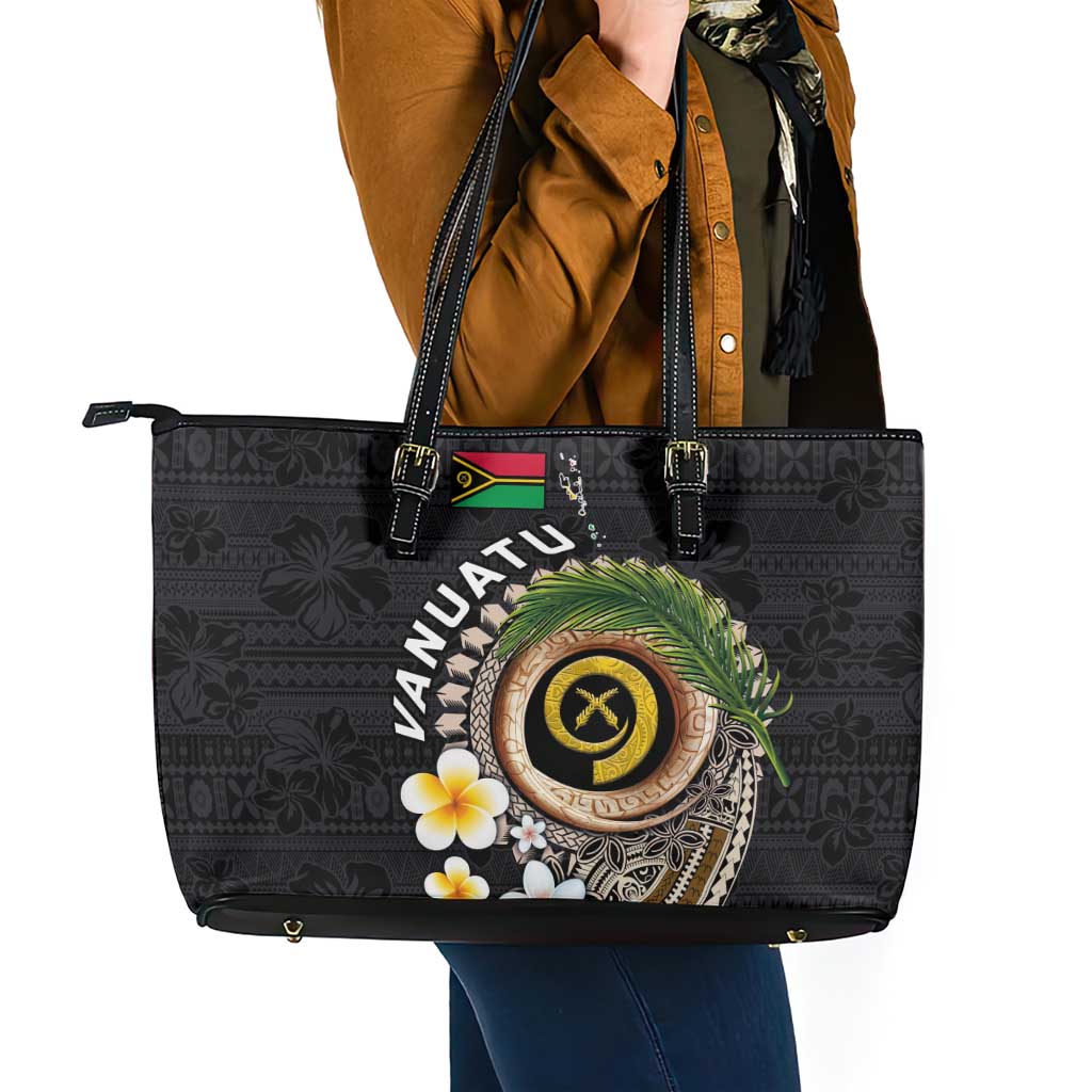 Vanuatu Independence Day Leather Tote Bag Melanesian Tribal Pig Tusk with Tropical Plants LT03 - Polynesian Pride