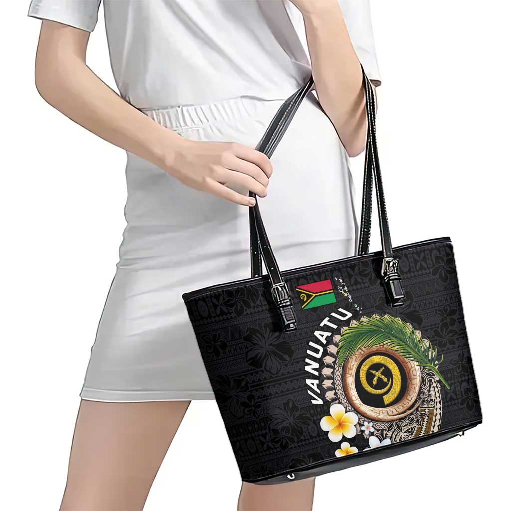 Vanuatu Independence Day Leather Tote Bag Melanesian Tribal Pig Tusk with Tropical Plants LT03 - Polynesian Pride