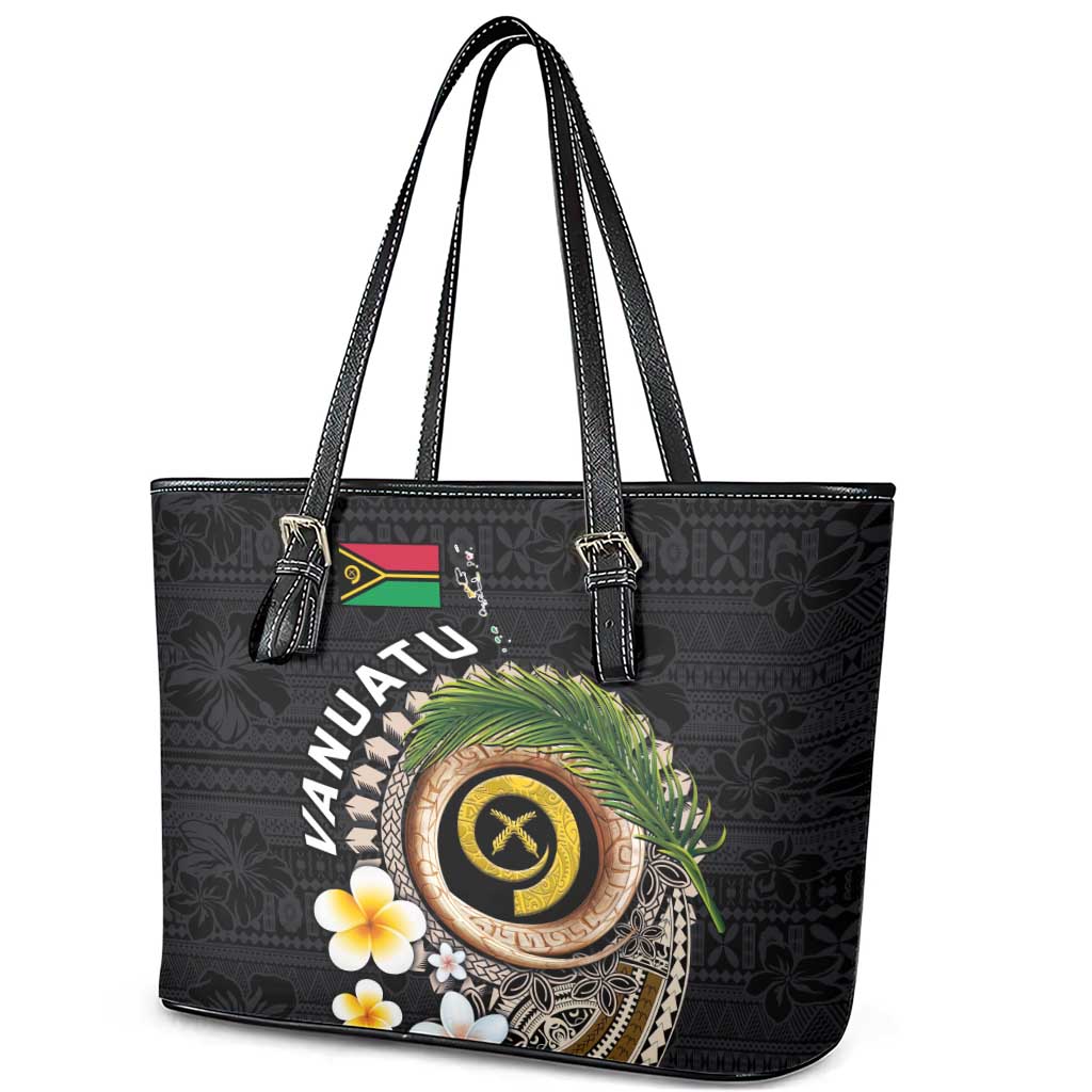 Vanuatu Independence Day Leather Tote Bag Melanesian Tribal Pig Tusk with Tropical Plants LT03 - Polynesian Pride