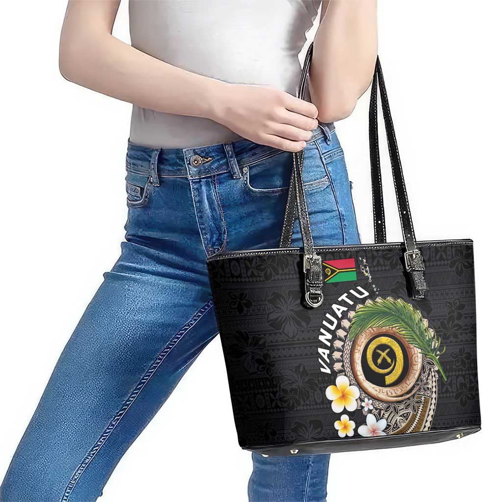 Vanuatu Independence Day Leather Tote Bag Melanesian Tribal Pig Tusk with Tropical Plants LT03 - Polynesian Pride