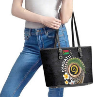 Vanuatu Independence Day Leather Tote Bag Melanesian Tribal Pig Tusk with Tropical Plants LT03 - Polynesian Pride