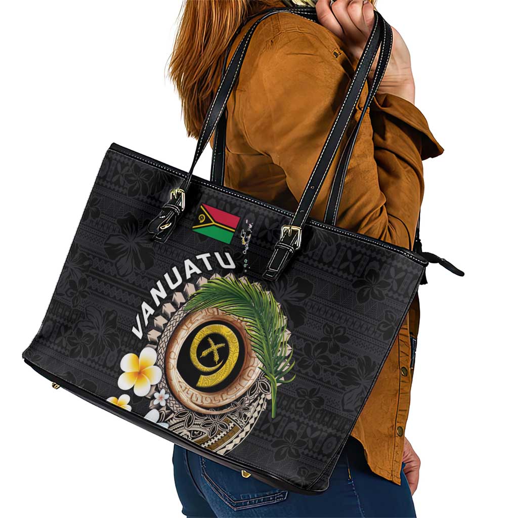 Vanuatu Independence Day Leather Tote Bag Melanesian Tribal Pig Tusk with Tropical Plants LT03 - Polynesian Pride