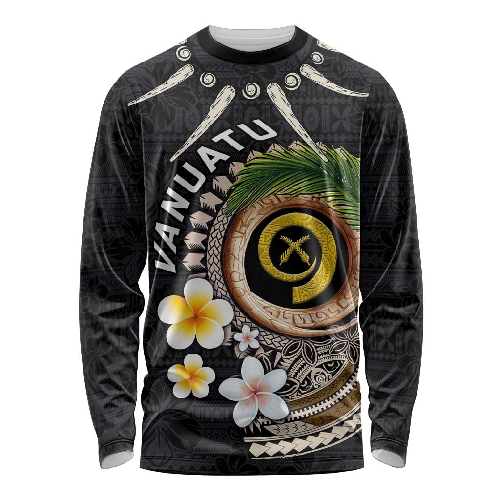 Vanuatu Independence Day Long Sleeve Shirt Melanesian Tribal Pig Tusk with Tropical Plants LT03 Unisex Black - Polynesian Pride