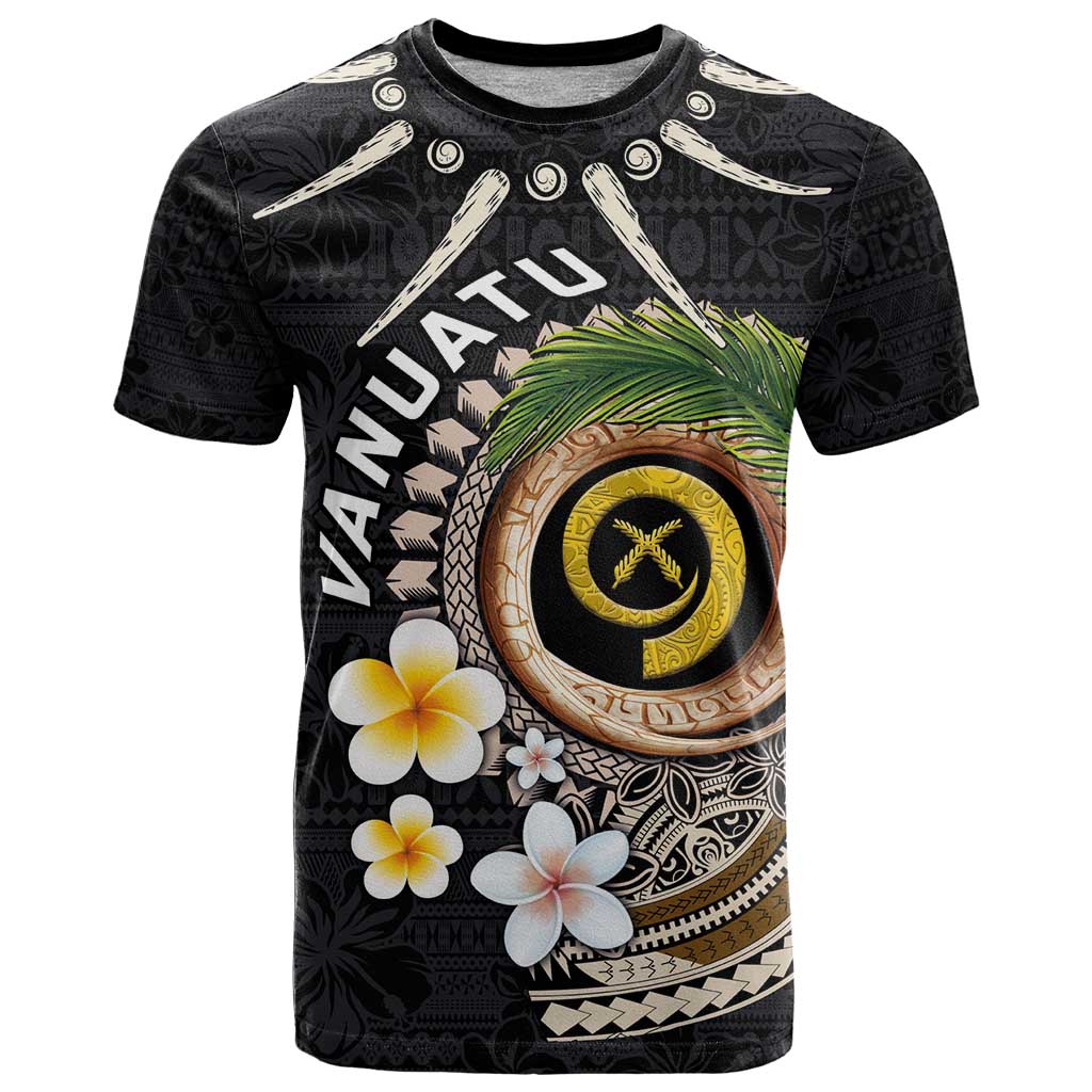 Vanuatu Independence Day T Shirt Melanesian Tribal Pig Tusk with Tropical Plants LT03 Black - Polynesian Pride