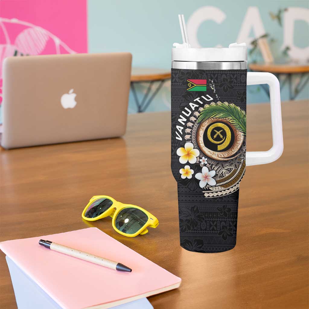 Vanuatu Independence Day Tumbler With Handle Melanesian Tribal Pig Tusk with Tropical Plants LT03 - Polynesian Pride