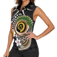 Vanuatu Independence Day Women Sleeveless Polo Shirt Melanesian Tribal Pig Tusk with Tropical Plants