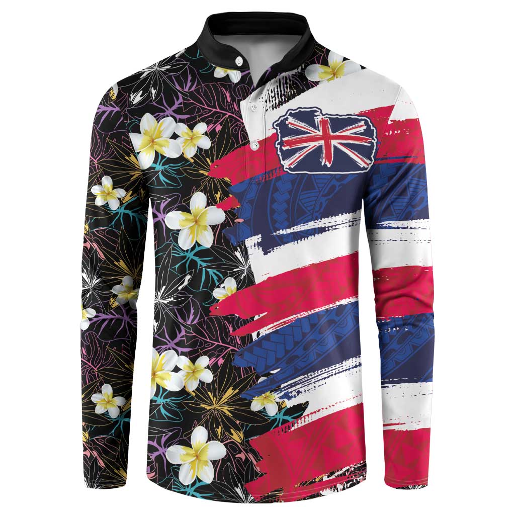 Hawaiian Flag Day Button Sweatshirt Tropical Flowers and Leaves