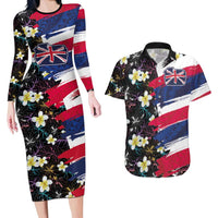 Hawaiian Flag Day Couples Matching Long Sleeve Bodycon Dress and Hawaiian Shirt Tropical Flowers and Leaves