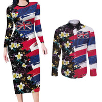 Hawaiian Flag Day Couples Matching Long Sleeve Bodycon Dress and Long Sleeve Button Shirt Tropical Flowers and Leaves