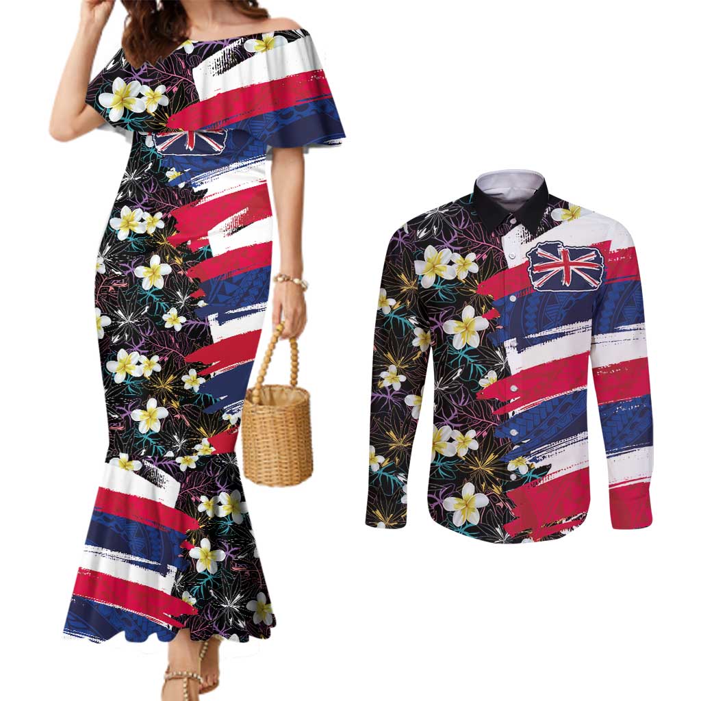 Hawaiian Flag Day Couples Matching Mermaid Dress and Long Sleeve Button Shirt Tropical Flowers and Leaves