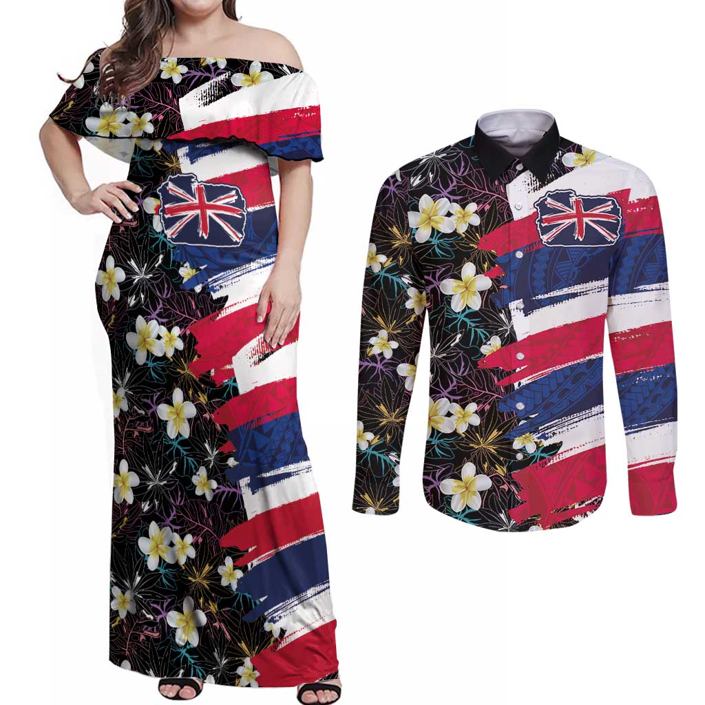 Hawaiian Flag Day Couples Matching Off Shoulder Maxi Dress and Long Sleeve Button Shirt Tropical Flowers and Leaves