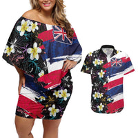 Hawaiian Flag Day Couples Matching Off Shoulder Short Dress and Hawaiian Shirt Tropical Flowers and Leaves