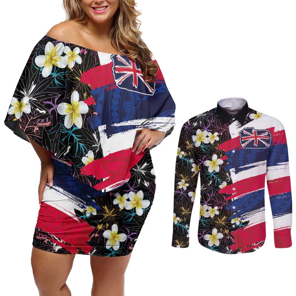 Hawaiian Flag Day Couples Matching Off Shoulder Short Dress and Long Sleeve Button Shirt Tropical Flowers and Leaves