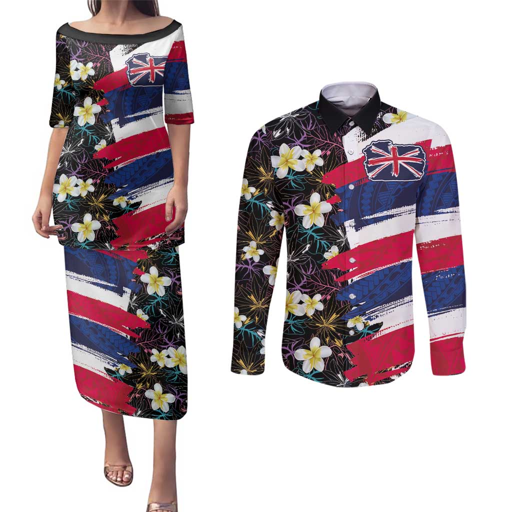 Hawaiian Flag Day Couples Matching Puletasi and Long Sleeve Button Shirt Tropical Flowers and Leaves