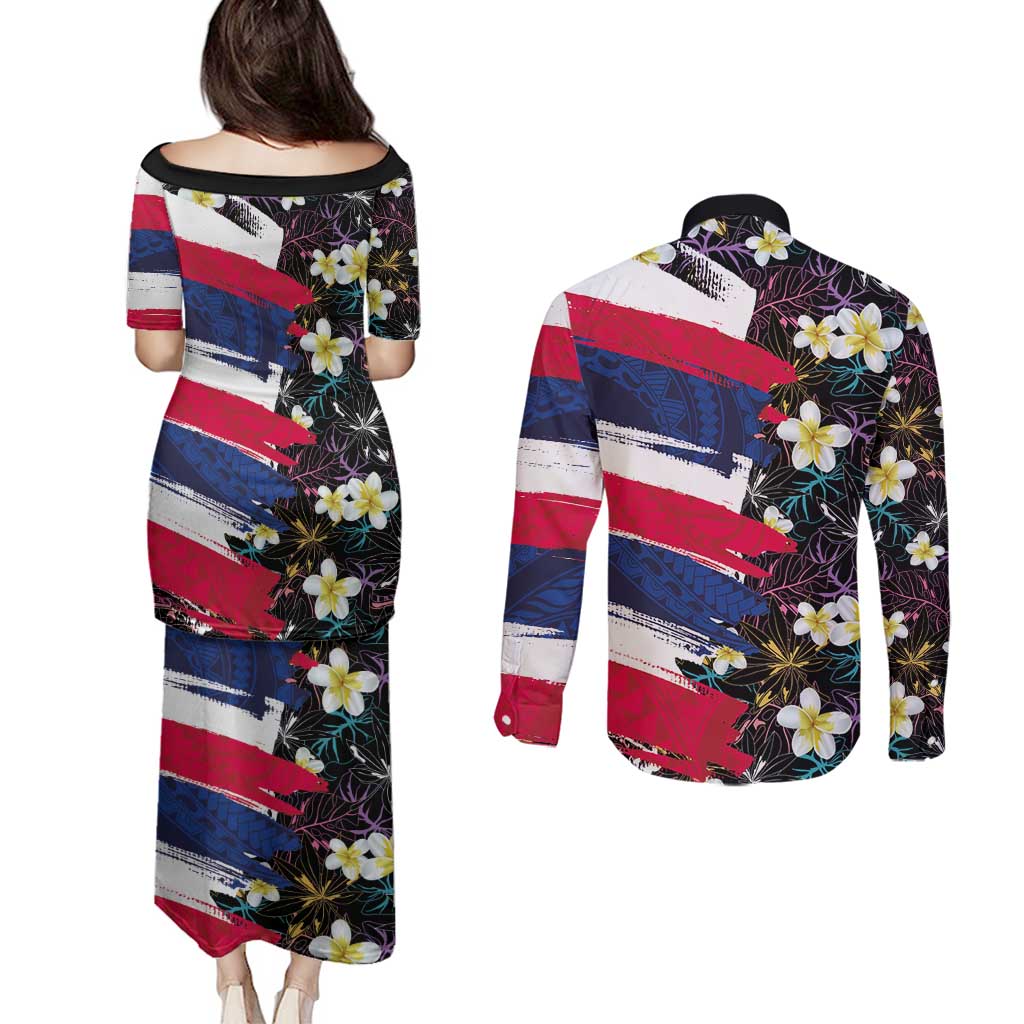 Hawaiian Flag Day Couples Matching Puletasi and Long Sleeve Button Shirt Tropical Flowers and Leaves