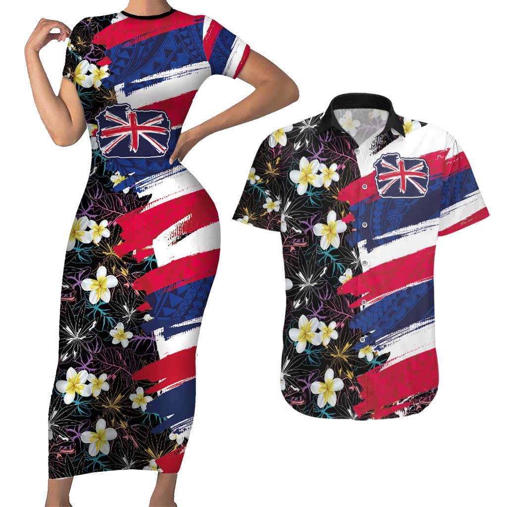 Hawaiian Flag Day Couples Matching Short Sleeve Bodycon Dress and Hawaiian Shirt Tropical Flowers and Leaves