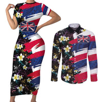 Hawaiian Flag Day Couples Matching Short Sleeve Bodycon Dress and Long Sleeve Button Shirt Tropical Flowers and Leaves