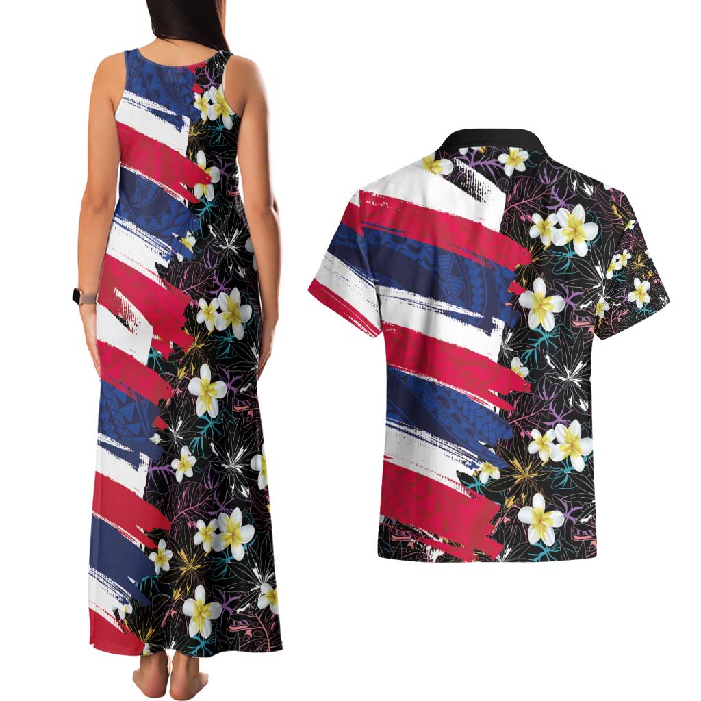 Hawaiian Flag Day Couples Matching Tank Maxi Dress and Hawaiian Shirt Tropical Flowers and Leaves
