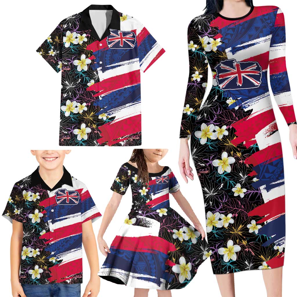 Hawaiian Flag Day Family Matching Long Sleeve Bodycon Dress and Hawaiian Shirt Tropical Flowers and Leaves