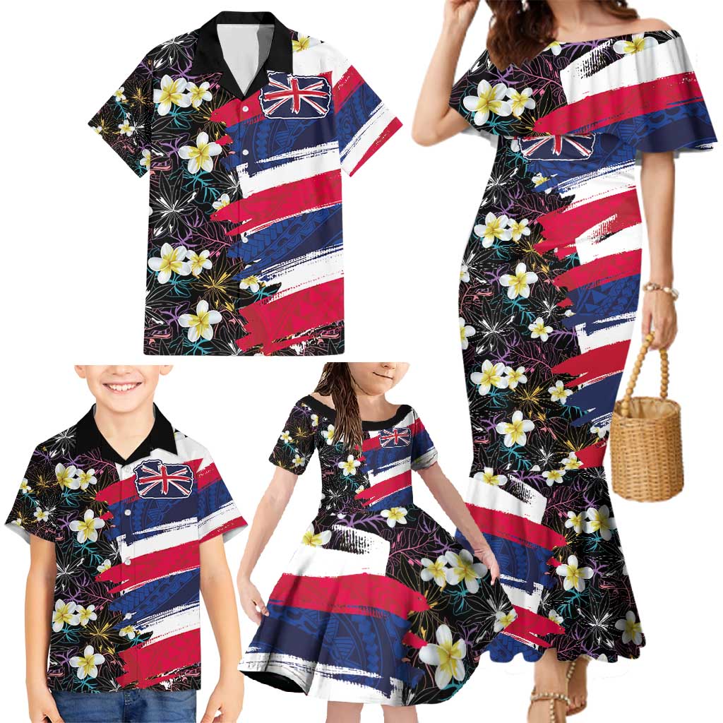 Hawaiian Flag Day Family Matching Mermaid Dress and Hawaiian Shirt Tropical Flowers and Leaves