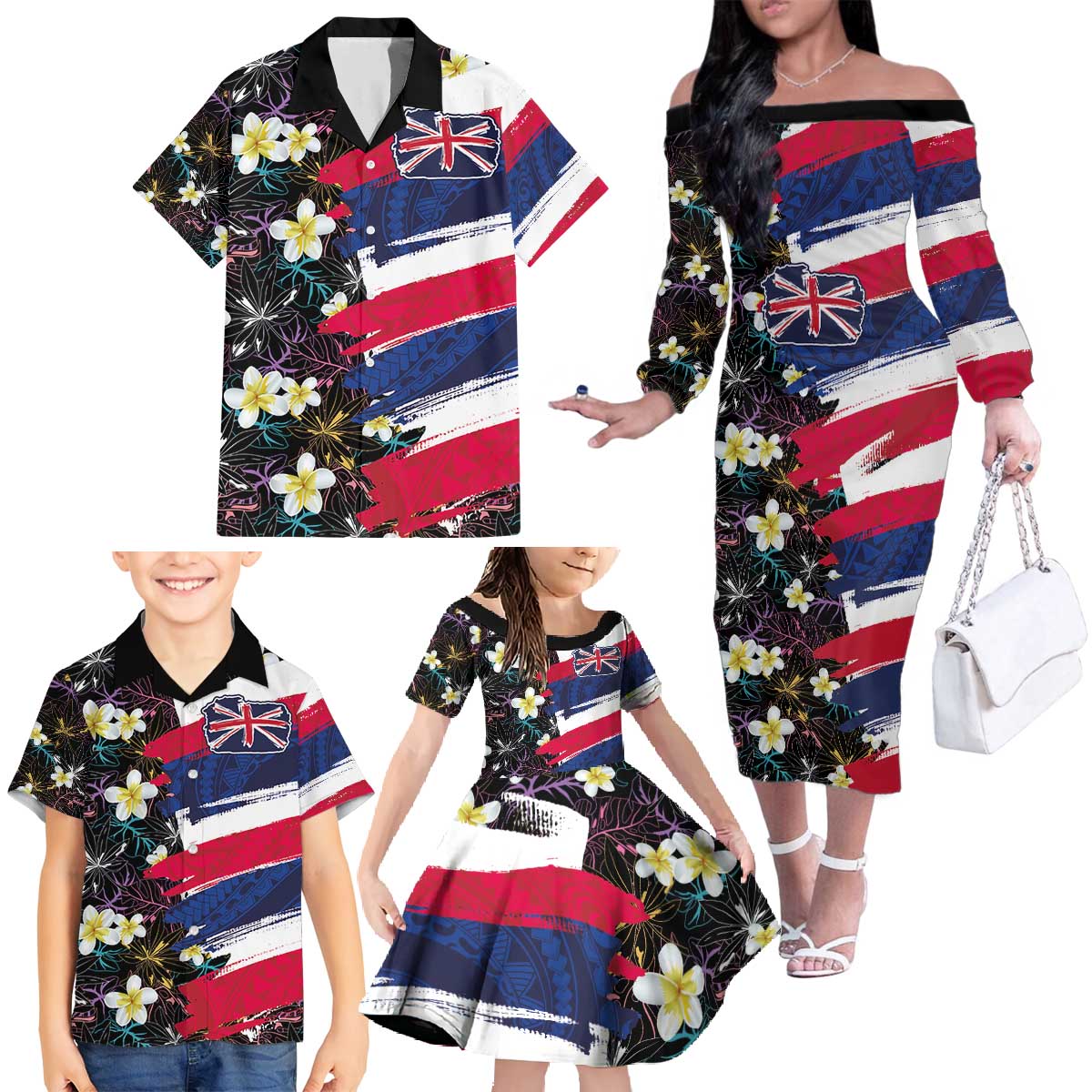 Hawaiian Flag Day Family Matching Off The Shoulder Long Sleeve Dress and Hawaiian Shirt Tropical Flowers and Leaves
