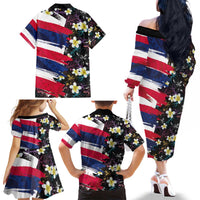Hawaiian Flag Day Family Matching Off The Shoulder Long Sleeve Dress and Hawaiian Shirt Tropical Flowers and Leaves