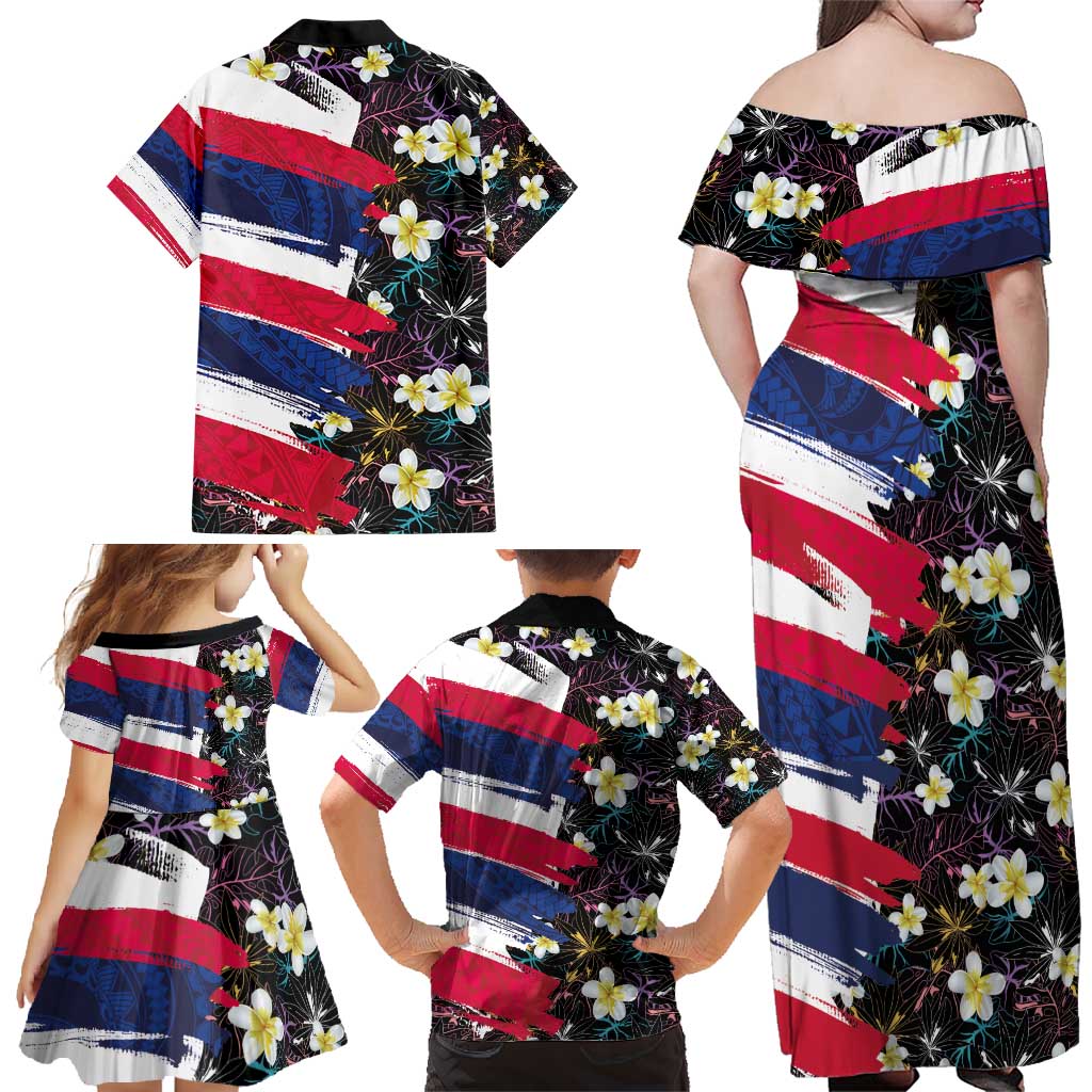 Hawaiian Flag Day Family Matching Off Shoulder Maxi Dress and Hawaiian Shirt Tropical Flowers and Leaves