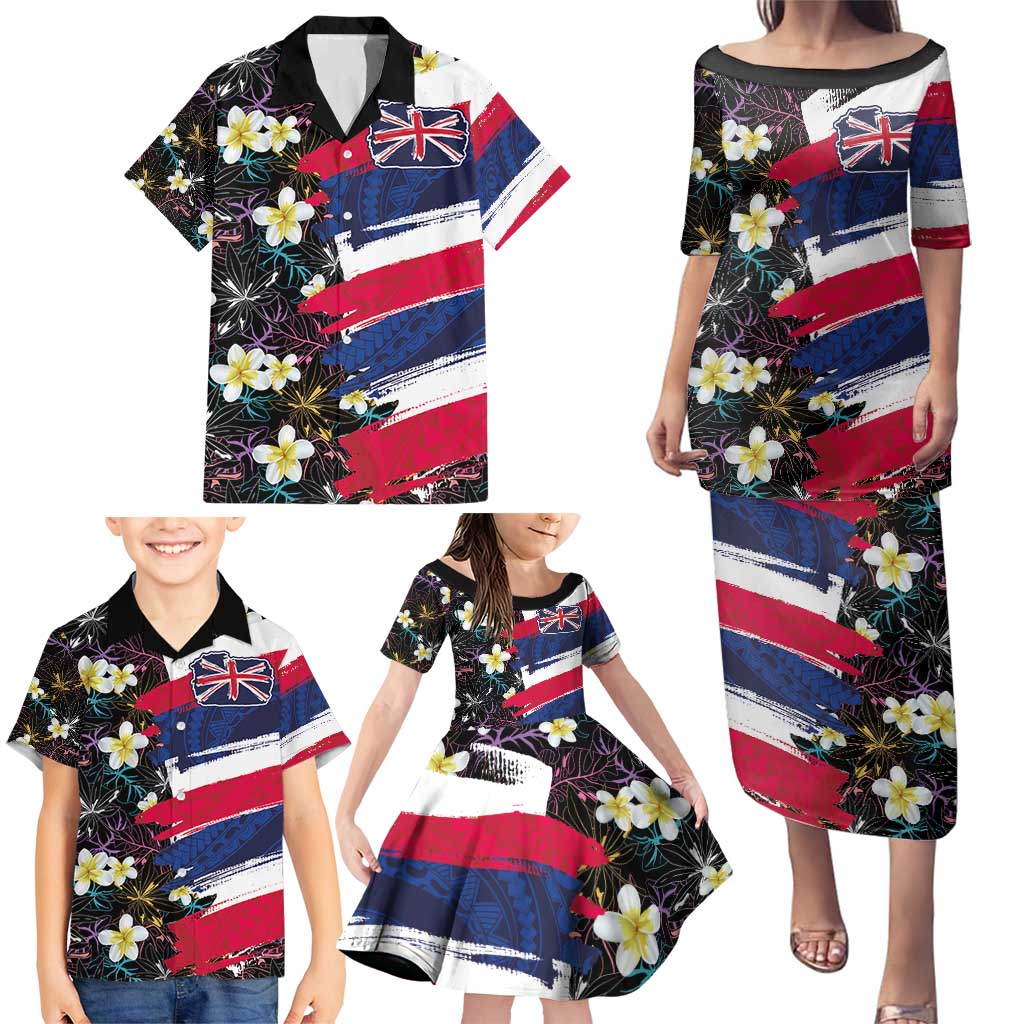 Hawaiian Flag Day Family Matching Puletasi and Hawaiian Shirt Tropical Flowers and Leaves